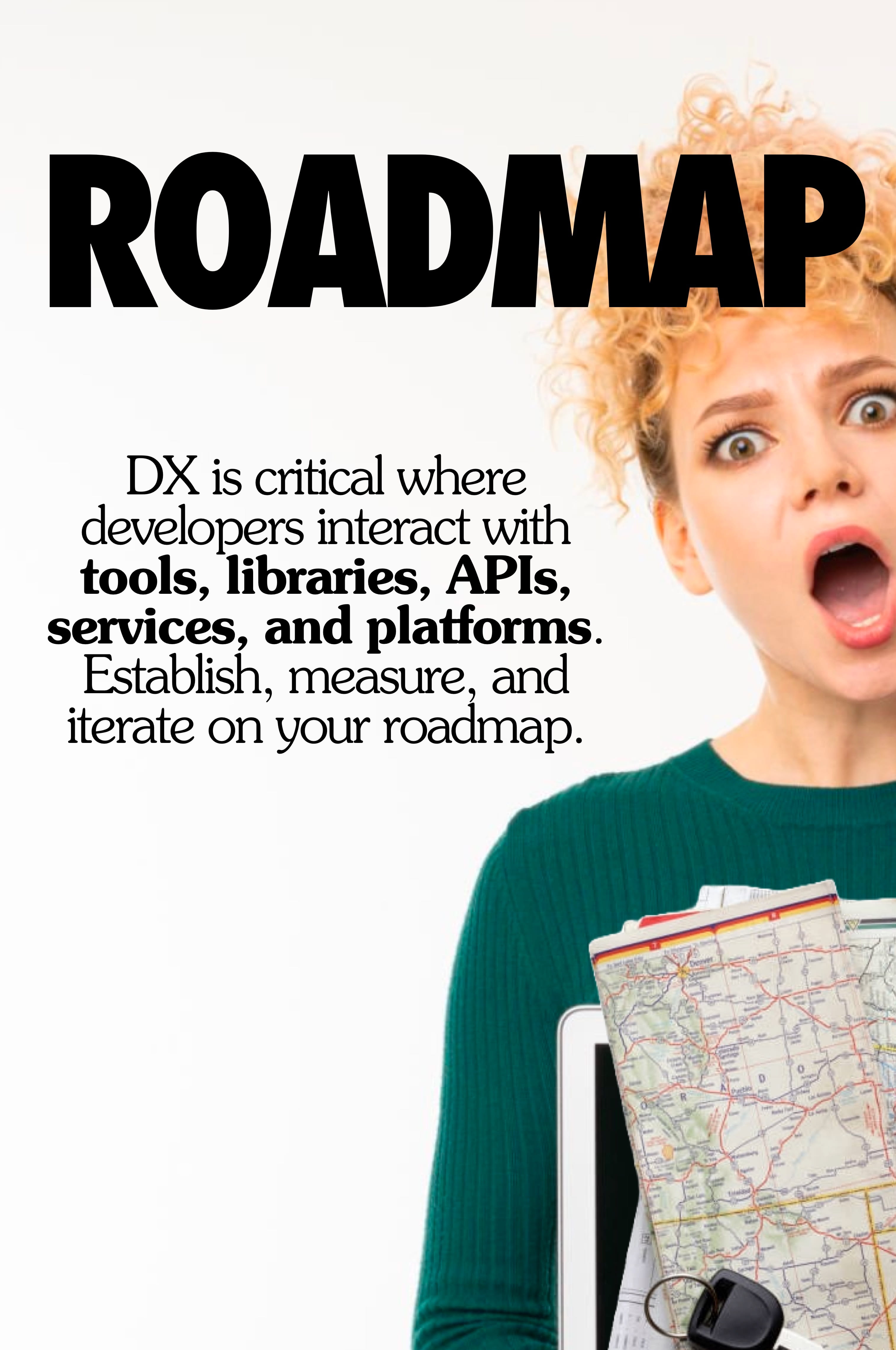 An image of a roadmap labeled dx roadmap with various milestones and dates marked along the way. DX is critical for all products where developers interact with tools, libraries, APIs, services, and platforms. Establish, measure, and iterate on your roadmap.